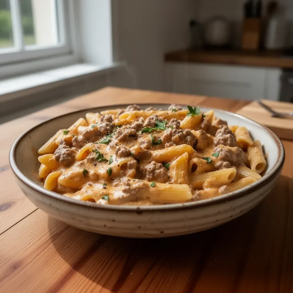 Creamy beef pasta dish served with fresh herbs and a sprinkle of cheese