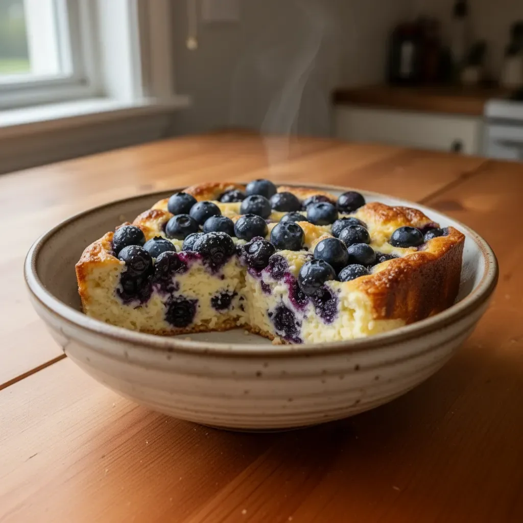 High-protein lemon blueberry breakfast bake in a dish, topped with blueberries.