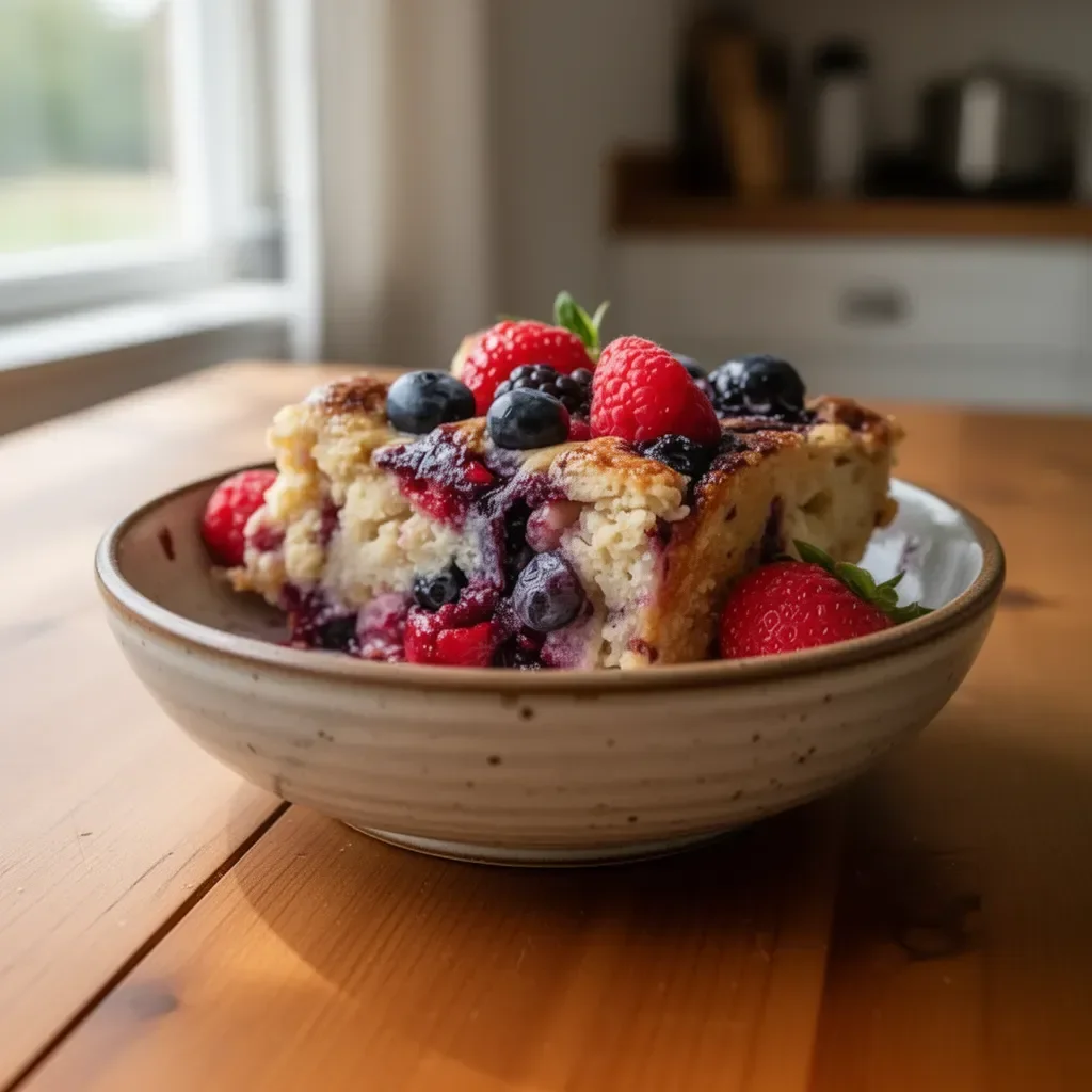 High Protein Triple Berry Bake with fresh strawberries, blueberries, and raspberries