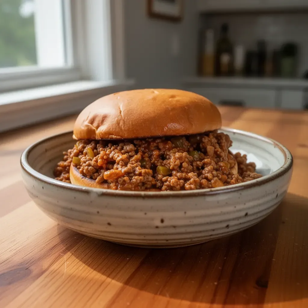 Delicious homemade sloppy joes served in a bun with toppings.