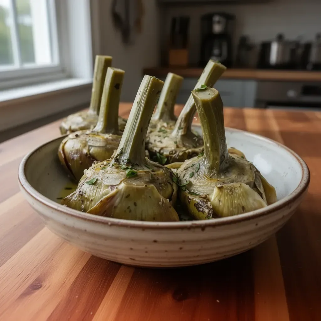 A beautifully steamed artichoke served on a plate, ready to eat.