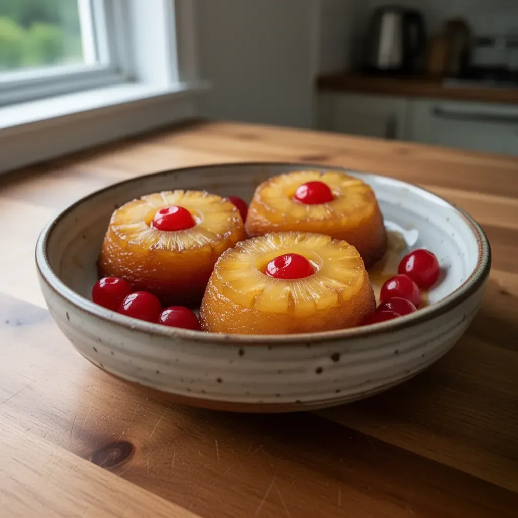 Delicious individual mini pineapple upside down cakes served on a platter