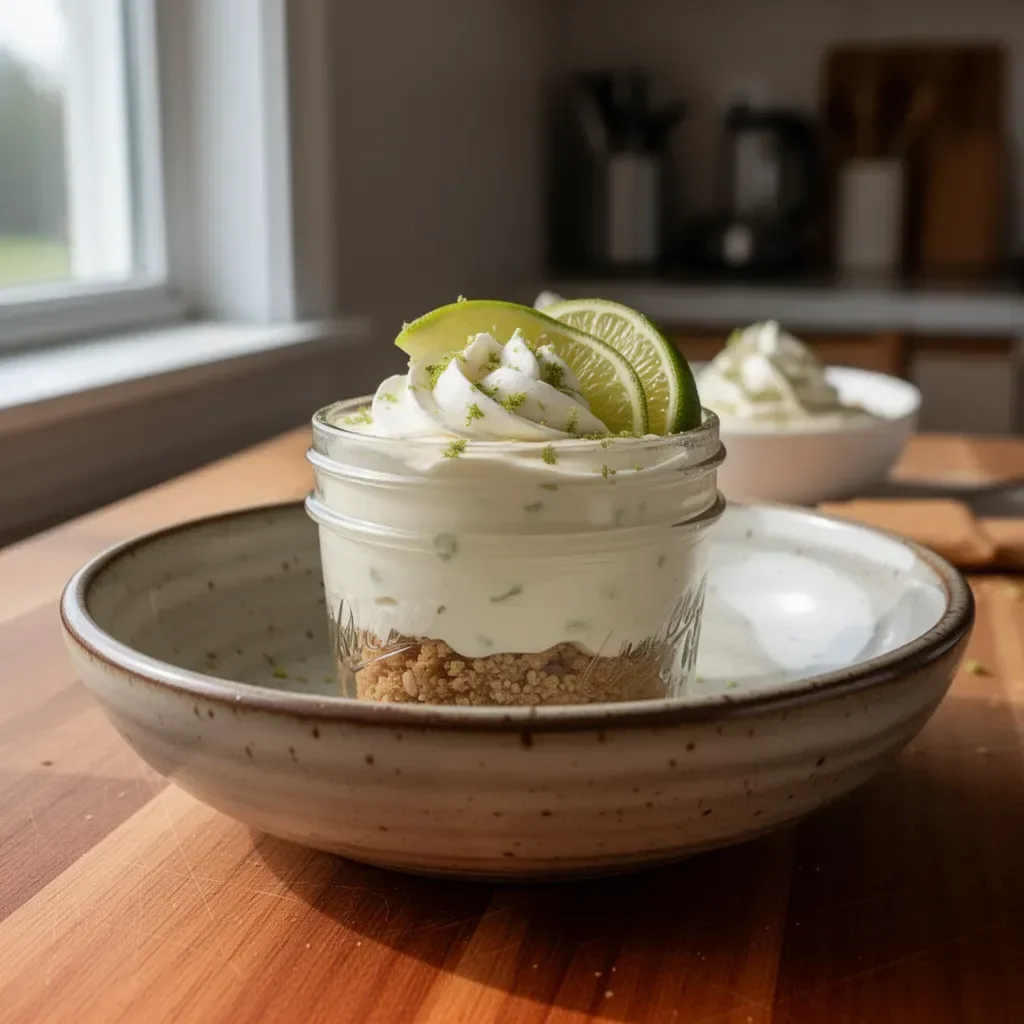 Delicious Key Lime Pie Mason Jar Desserts with whipped cream and lime slices