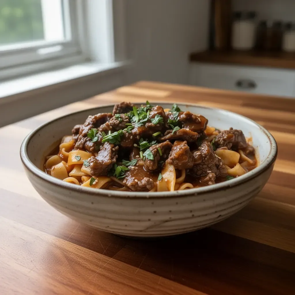 Delicious bowl of Korean Beef Noodles with beef, vegetables, and rich broth.