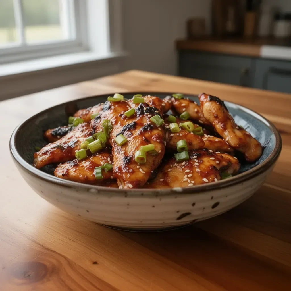 A plate of delicious Korean chicken breasts with vibrant vegetables and sauce.