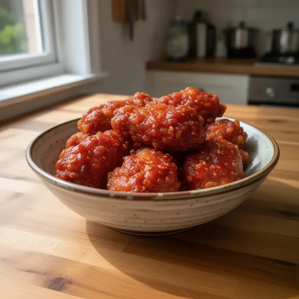 Deliciously crispy Korean Fried Chicken served with spicy sauce