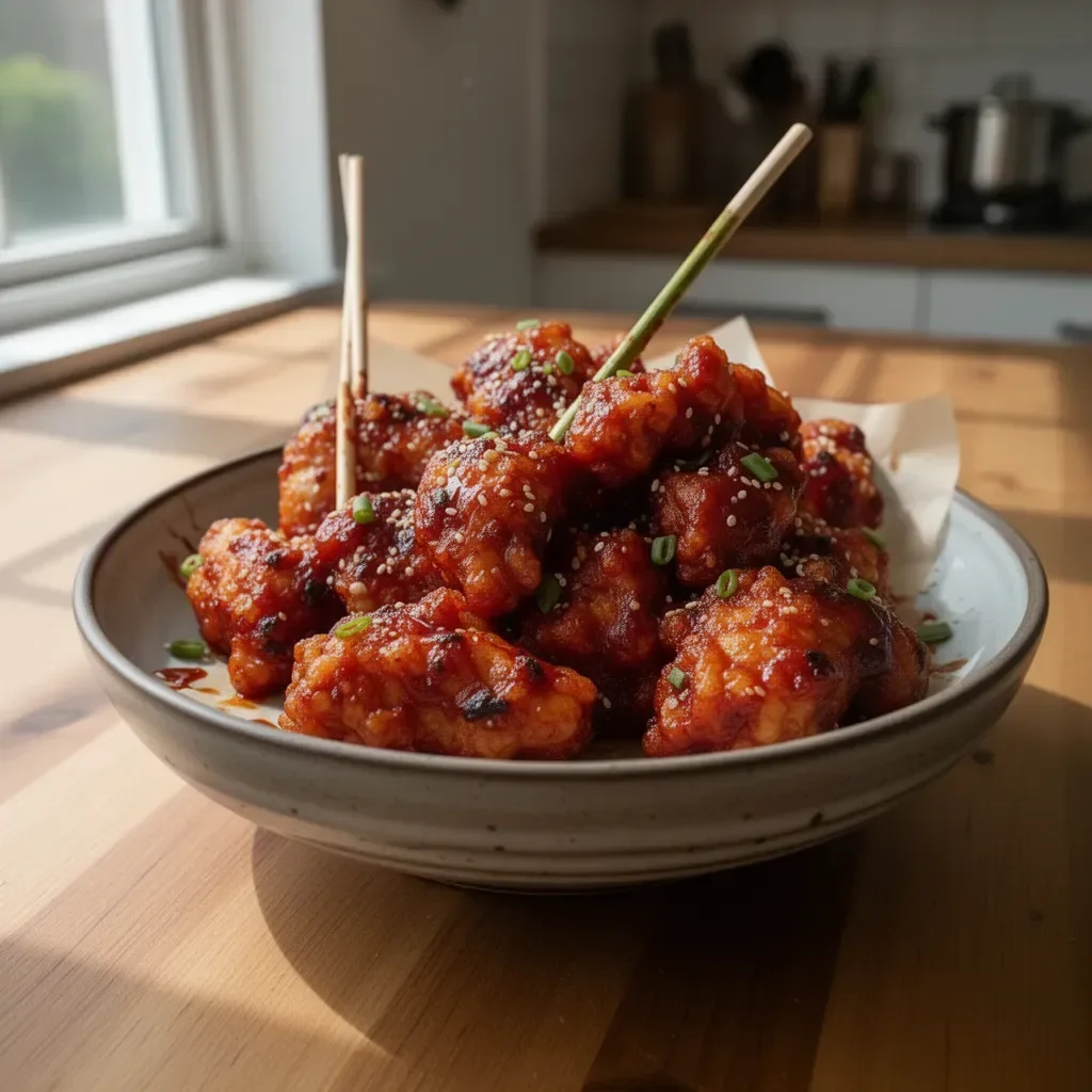 Crispy Korean Fried Chicken served with dipping sauce and side dishes