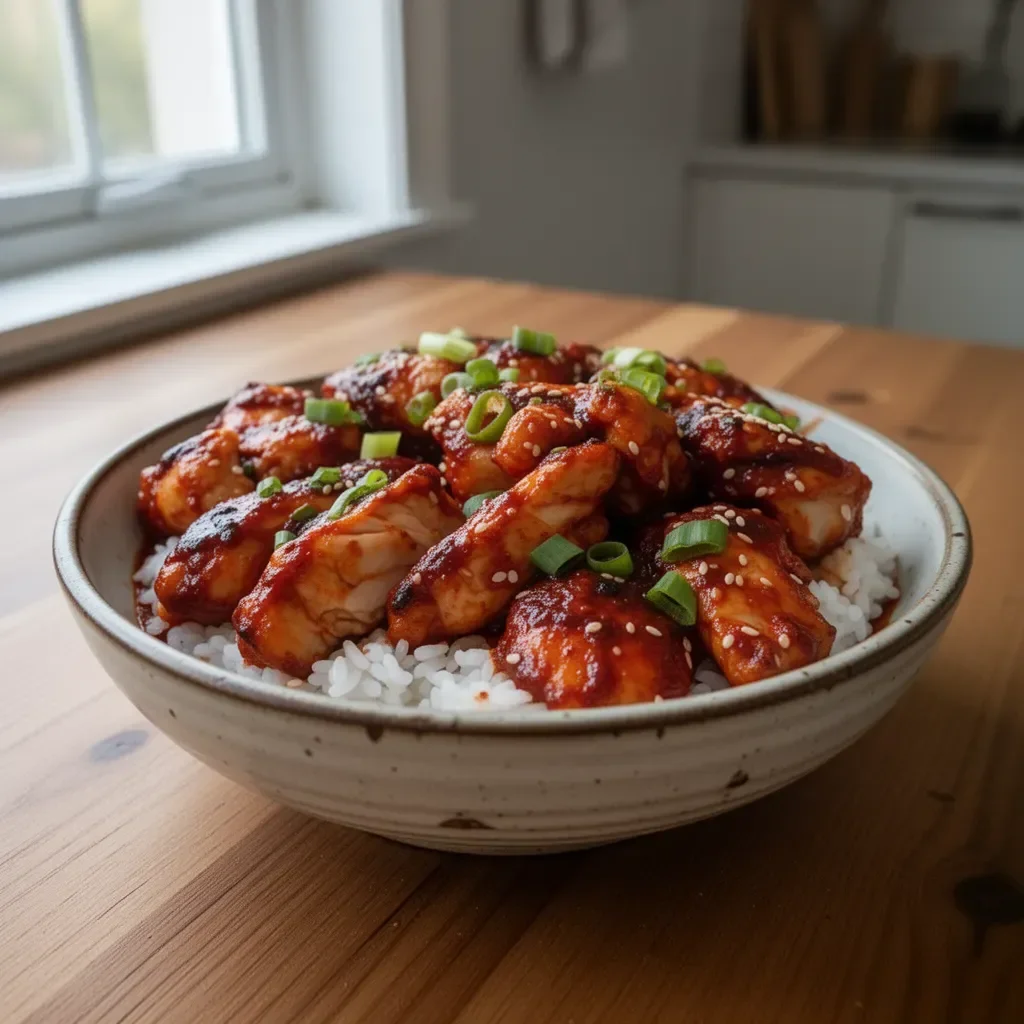 Delicious Korean Spicy Pepper Paste Chicken garnished and ready to serve