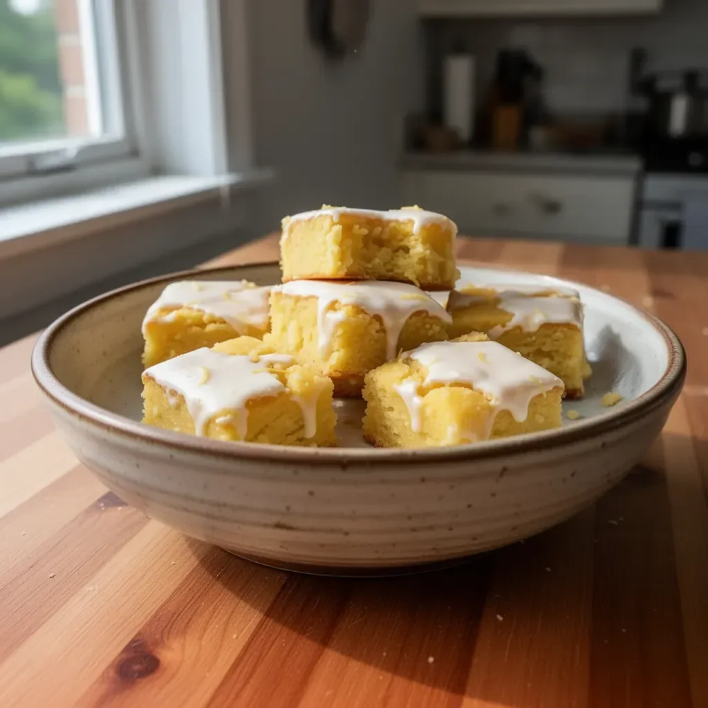 Delicious lemon brownies on a plate with a light dusting of powdered sugar.