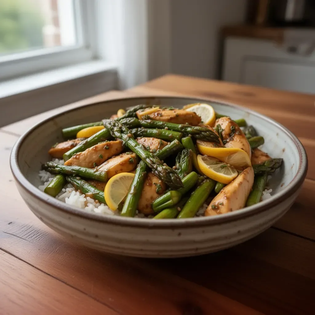 Zesty Lemon Chicken Stir-Fry with fresh asparagus and vibrant vegetables