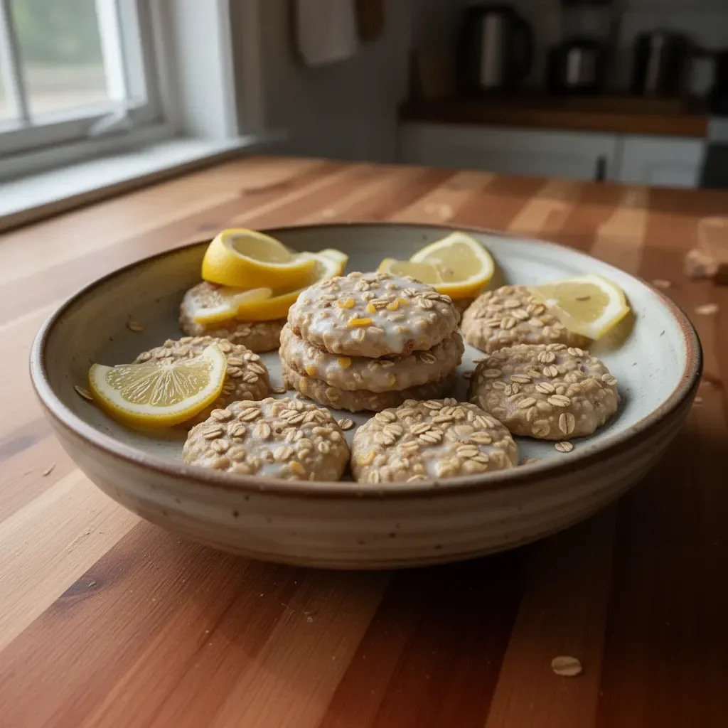 Lemon oatmeal no-bake cookies on a plate with fresh lemon slices