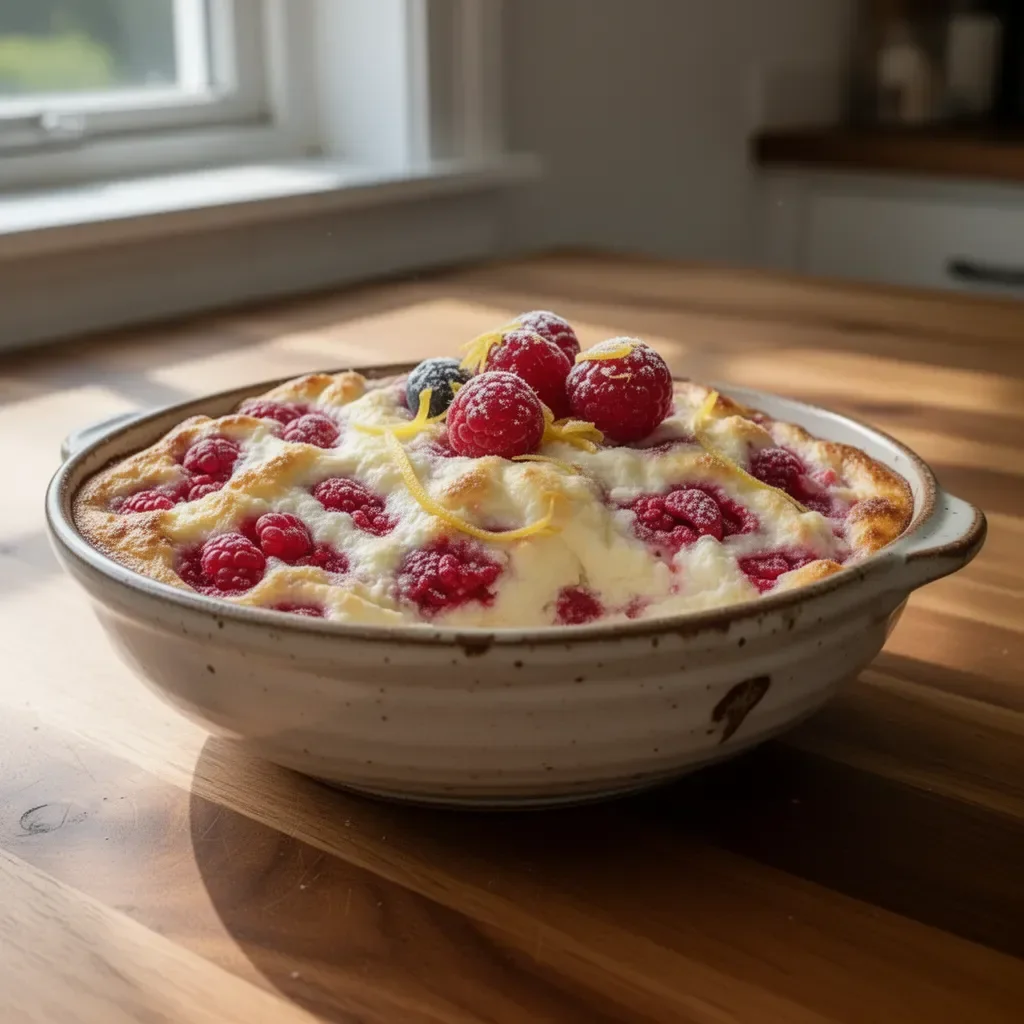 Lemon Raspberry Cottage Cheese Bake served on a plate with fresh raspberries