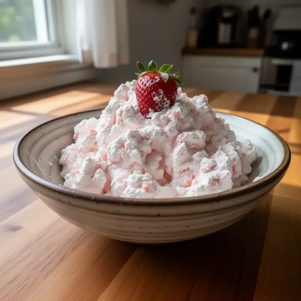 Light cottage cheese jello salad in a bowl with fruit garnishing