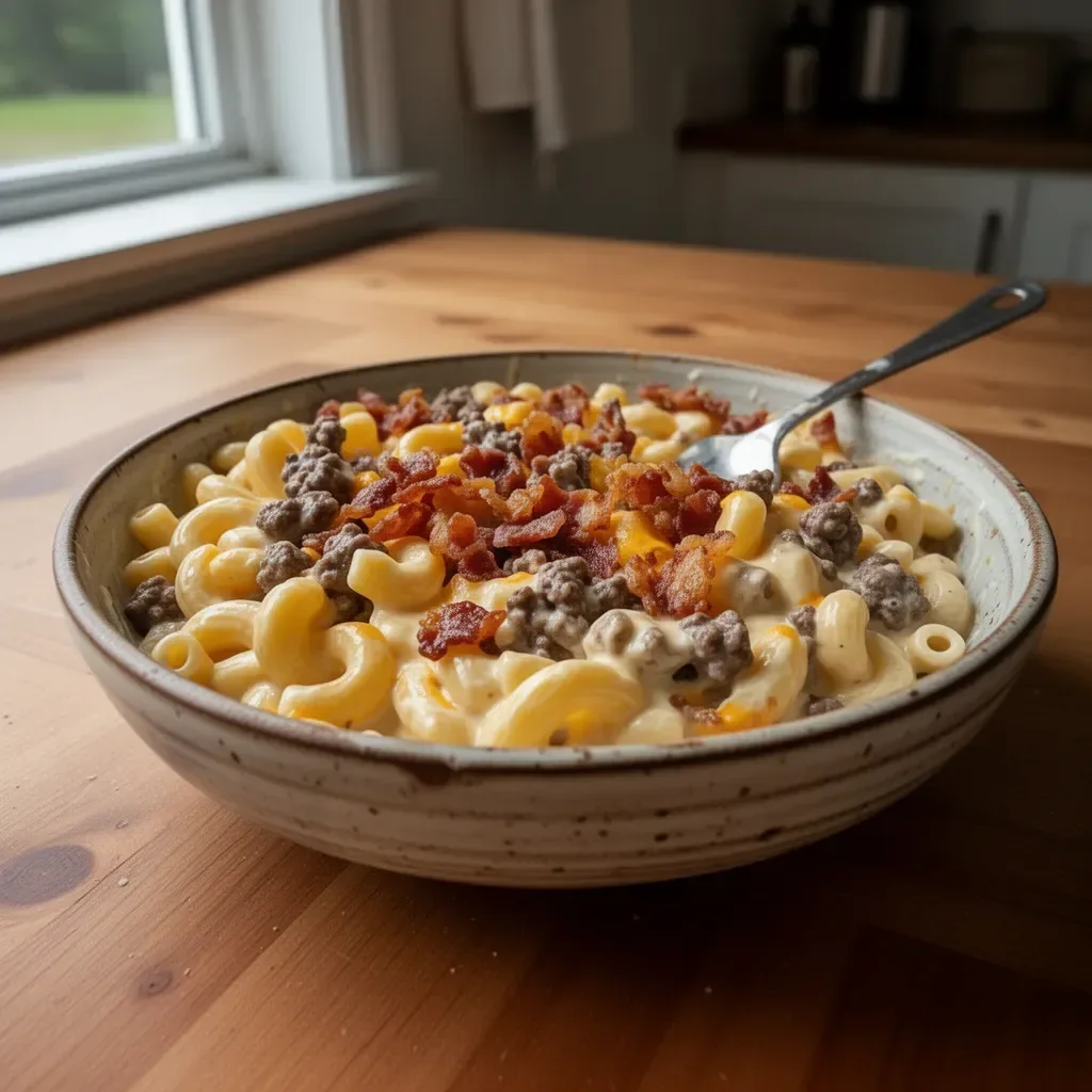 Creamy Loaded Bacon Cheeseburger Alfredo Pasta with crispy bacon and cheese