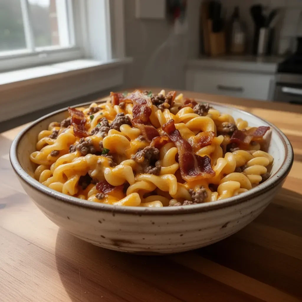 Delicious Loaded Bacon Cheeseburger Pasta served with toppings