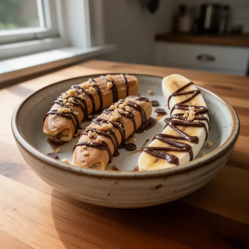 Low calorie frozen banana snickers dessert on a plate