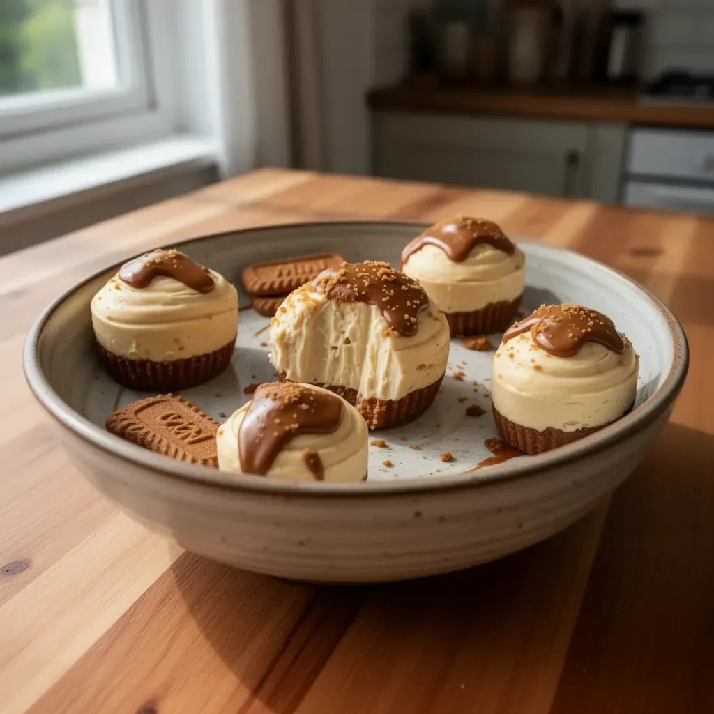 Mini Biscoff cheesecakes topped with caramel and cookie crumbles