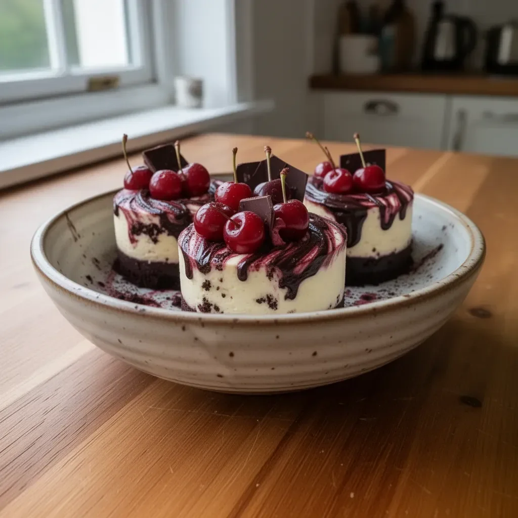 Mini Black Forest Cheesecakes topped with cherries and whipped cream