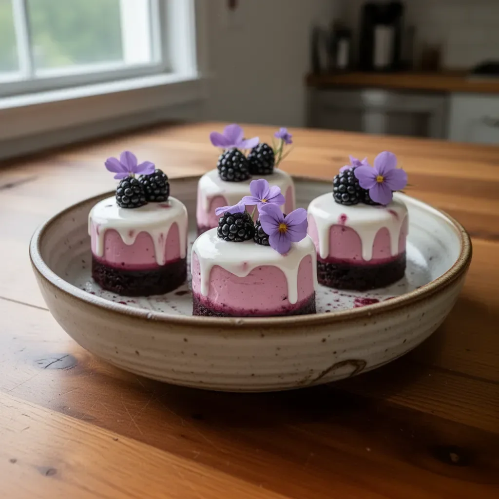 Mini blackberry mousse cakes served on a white plate with fresh blackberries