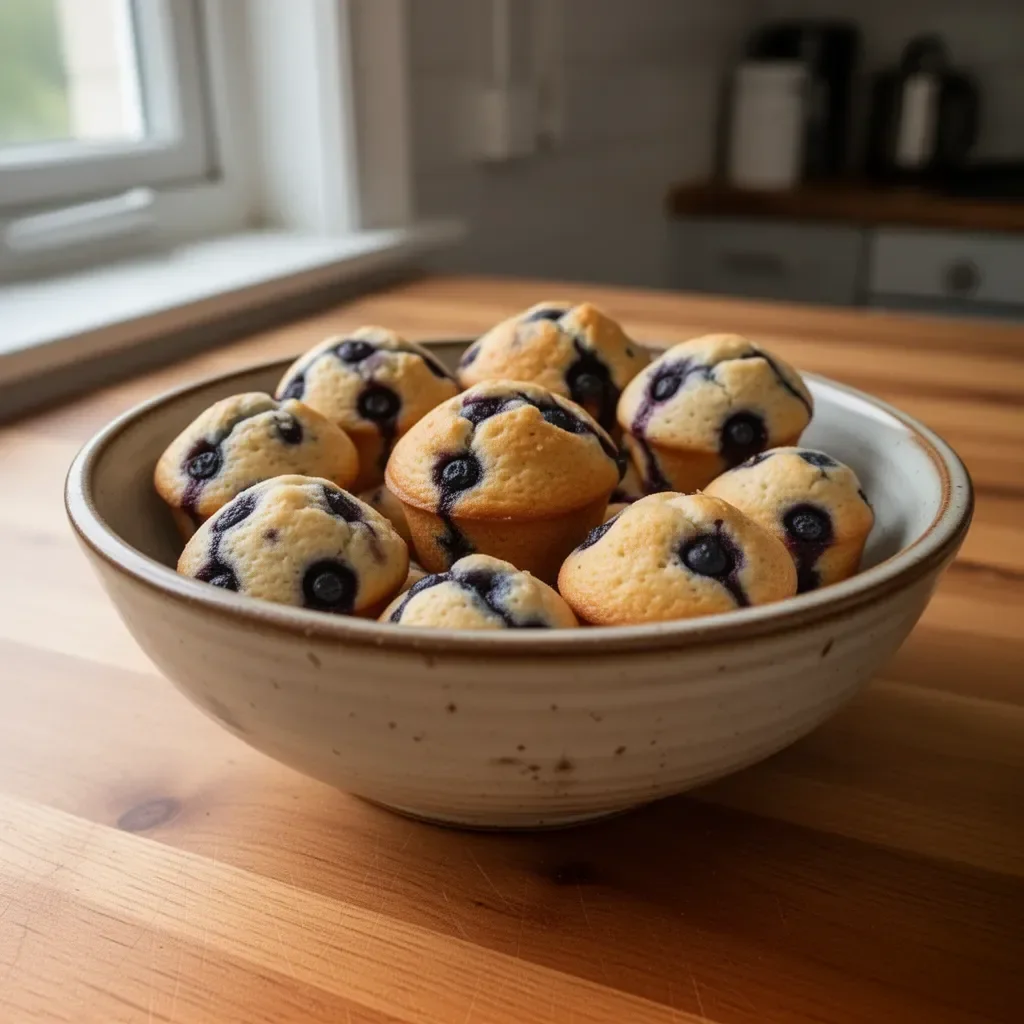 Freshly baked mini blueberry muffins on a plate