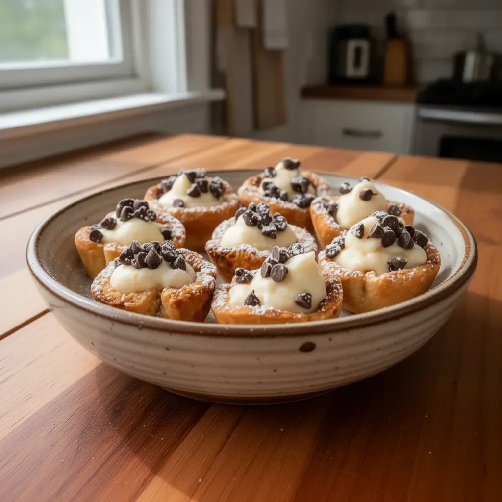 Mini cannoli cups filled with sweet ricotta cream and topped with chocolate chips.