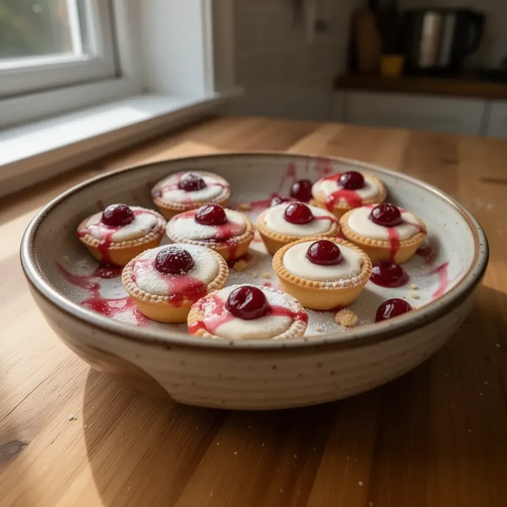 Mini Cherry Bakewell Tarts with cherry and almond toppings on a rustic wooden table