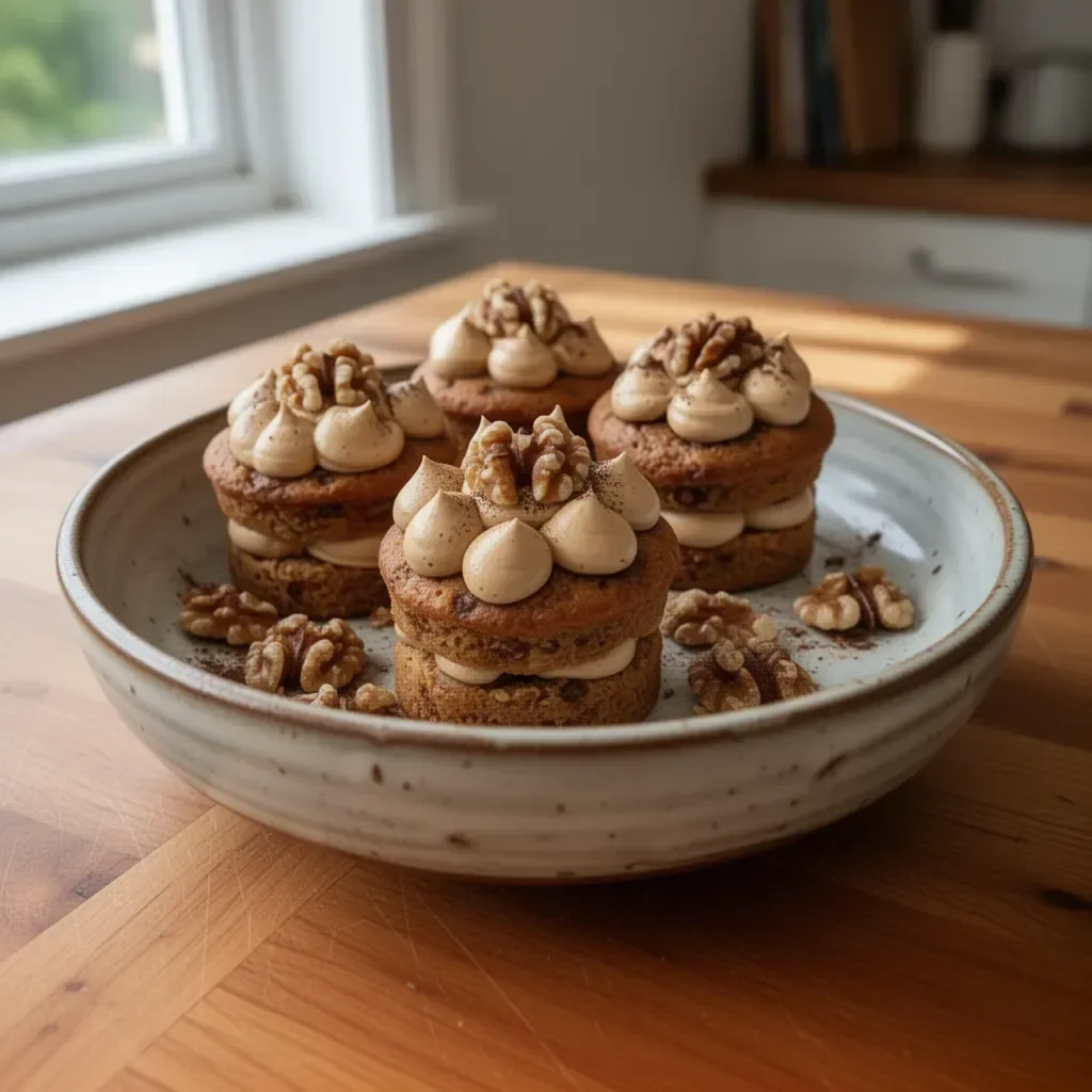 Delicious mini coffee and walnut cakes served on a decorative platter