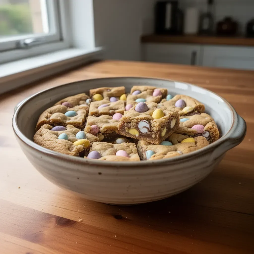 Delicious Mini Egg Cookie Bars topped with colorful chocolate mini eggs.