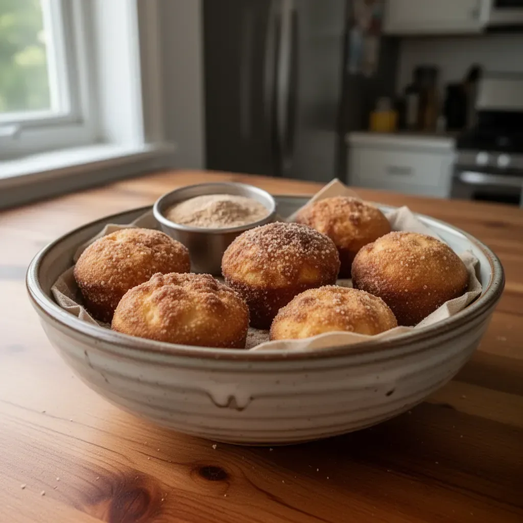 Mini French Breakfast Puffs served on a plate with powdered sugar