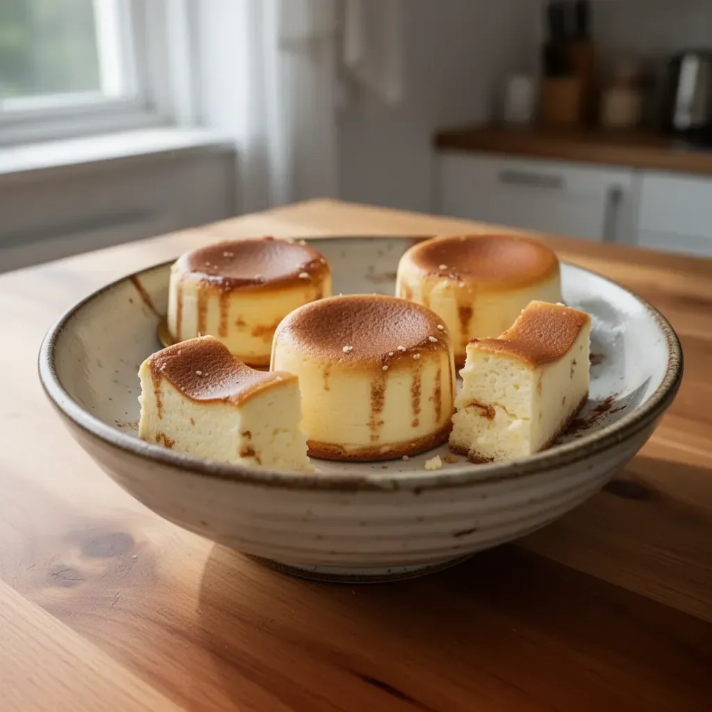Fluffy and delicious mini Japanese cheesecakes served on a plate.