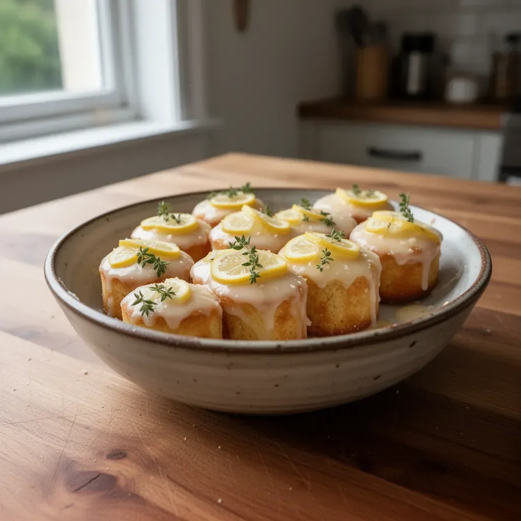 Mini lemon drizzle cakes with a sweet glaze and lemon zest topping