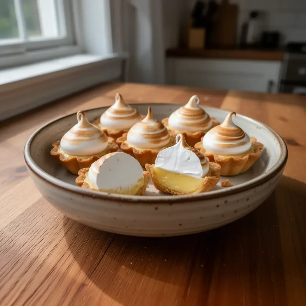 Mini lemon meringue tarts with a flaky crust and fluffy meringue topping.