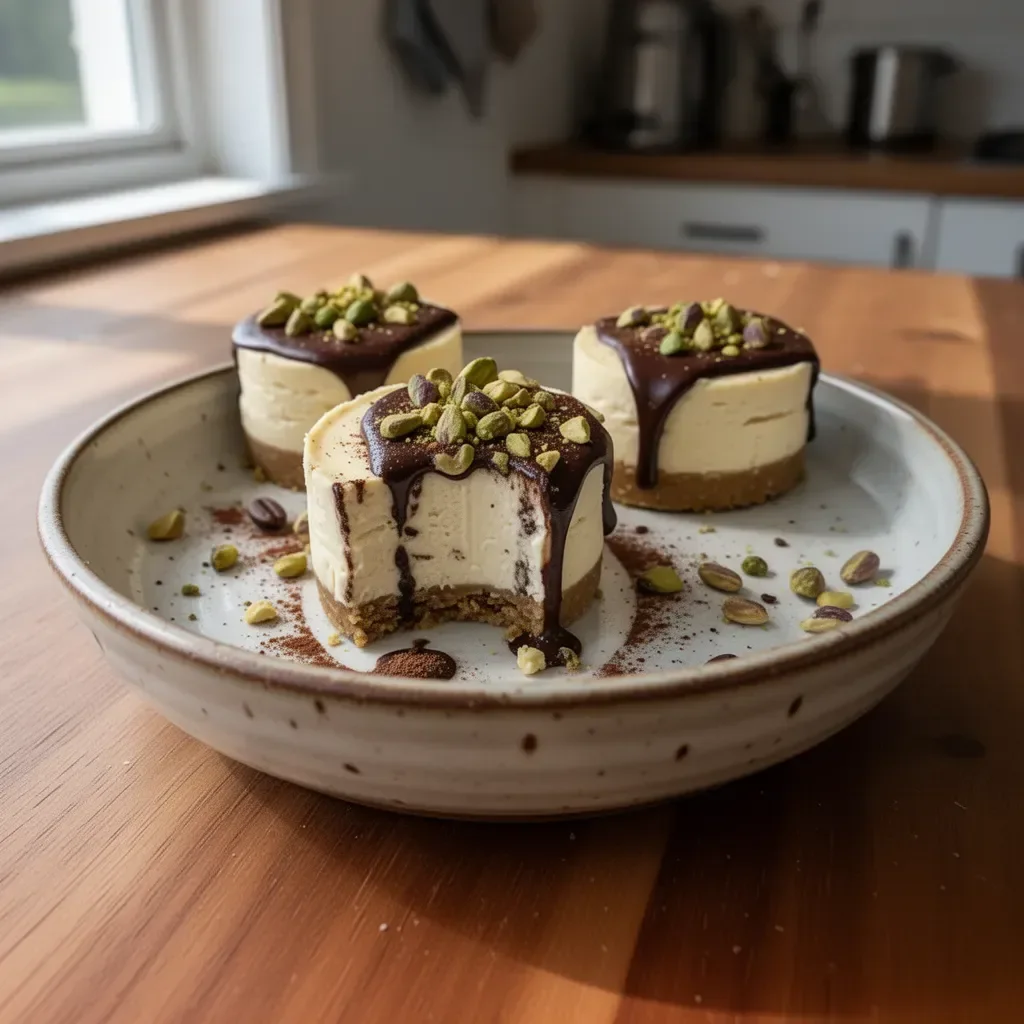 Mini pistachio and coffee cheesecakes topped with crushed pistachios.