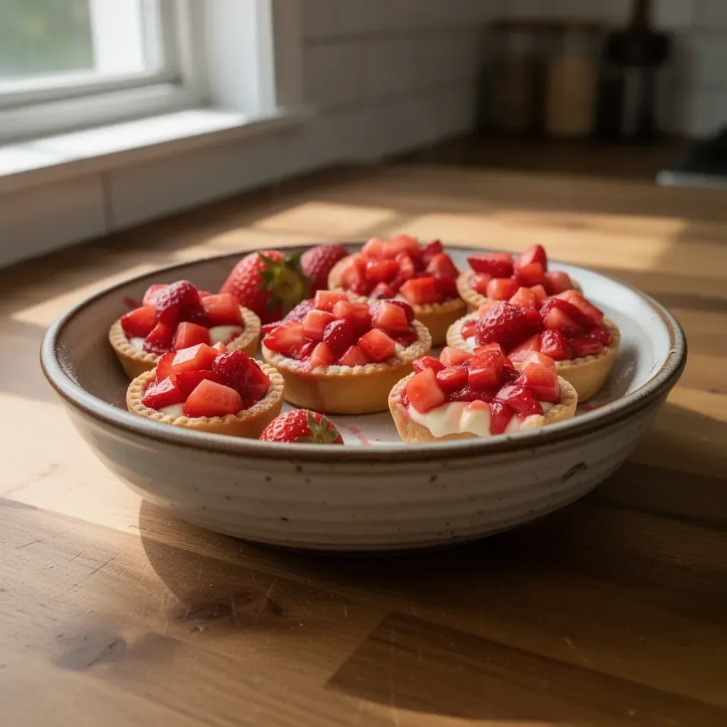 Mini strawberry tartlets with fresh strawberries and creamy filling on a pastry base.