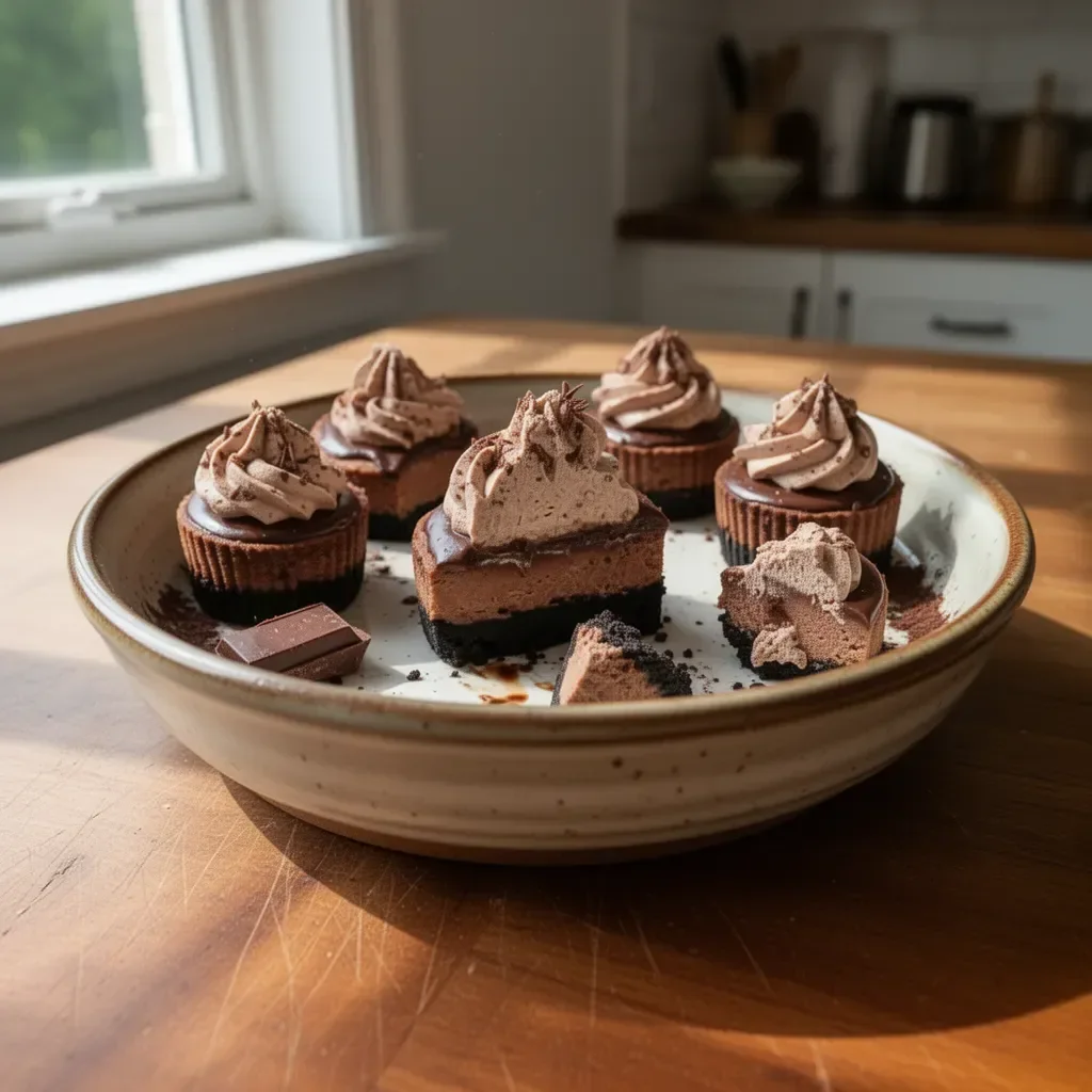 Mini triple chocolate cheesecakes topped with chocolate drizzle and cocoa powder
