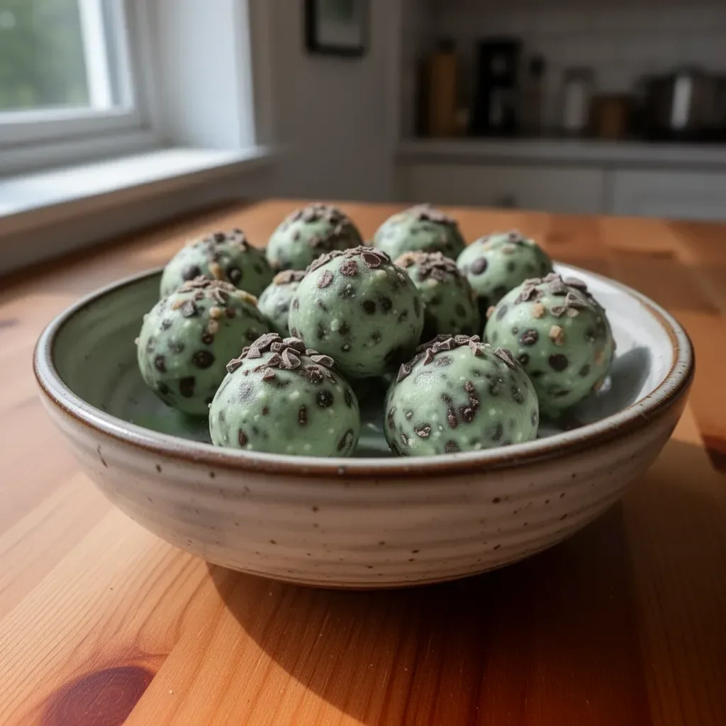 Delicious Mint Chocolate Chip Protein Balls on a rustic wooden table
