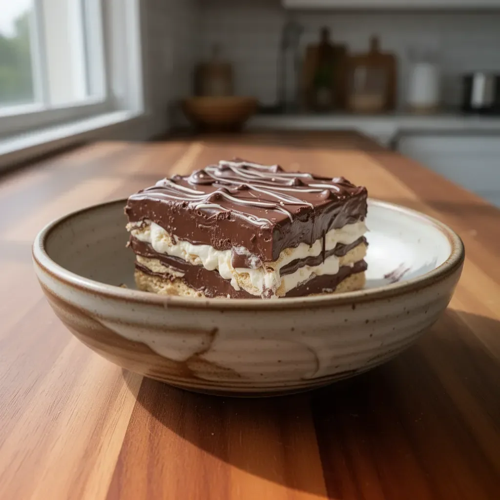 No Bake Chocolate Eclair Cake with luscious chocolate topping and creamy filling