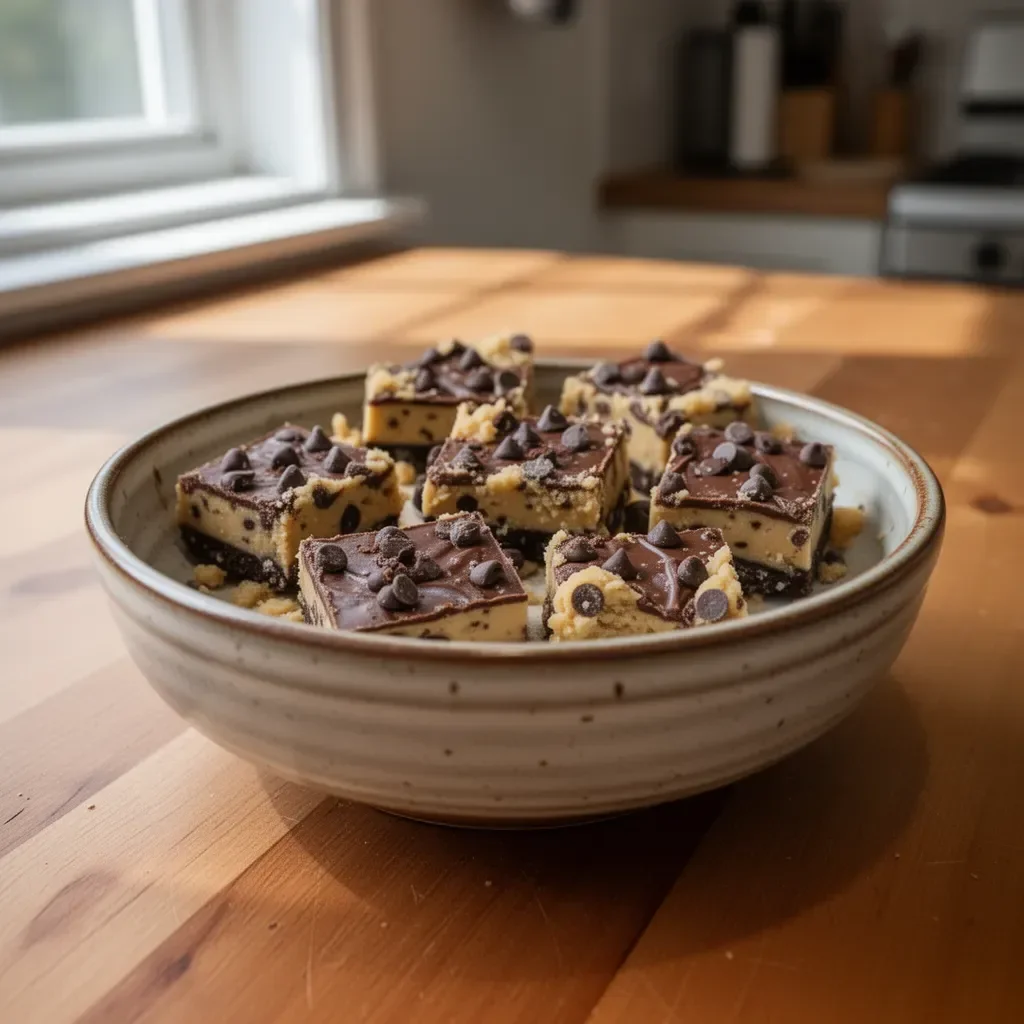 Delicious no bake cookie dough bars stacked on a plate