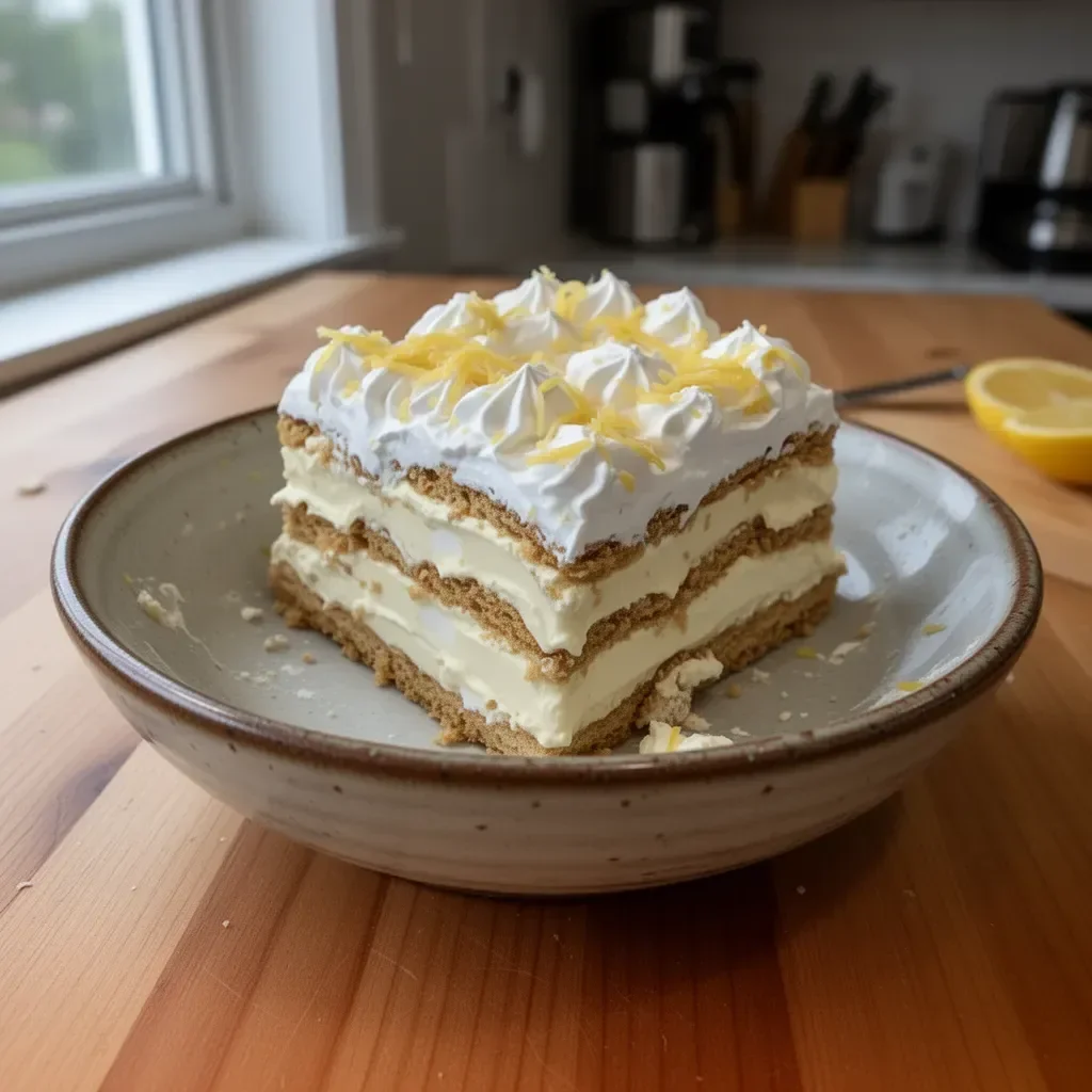 No-Bake Lemon Eclair Cake topped with creamy lemon frosting and citrus zest