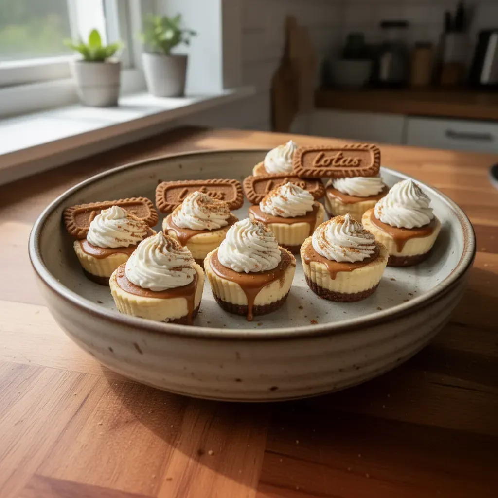 No-bake mini Biscoff cheesecakes topped with cookie crumbles