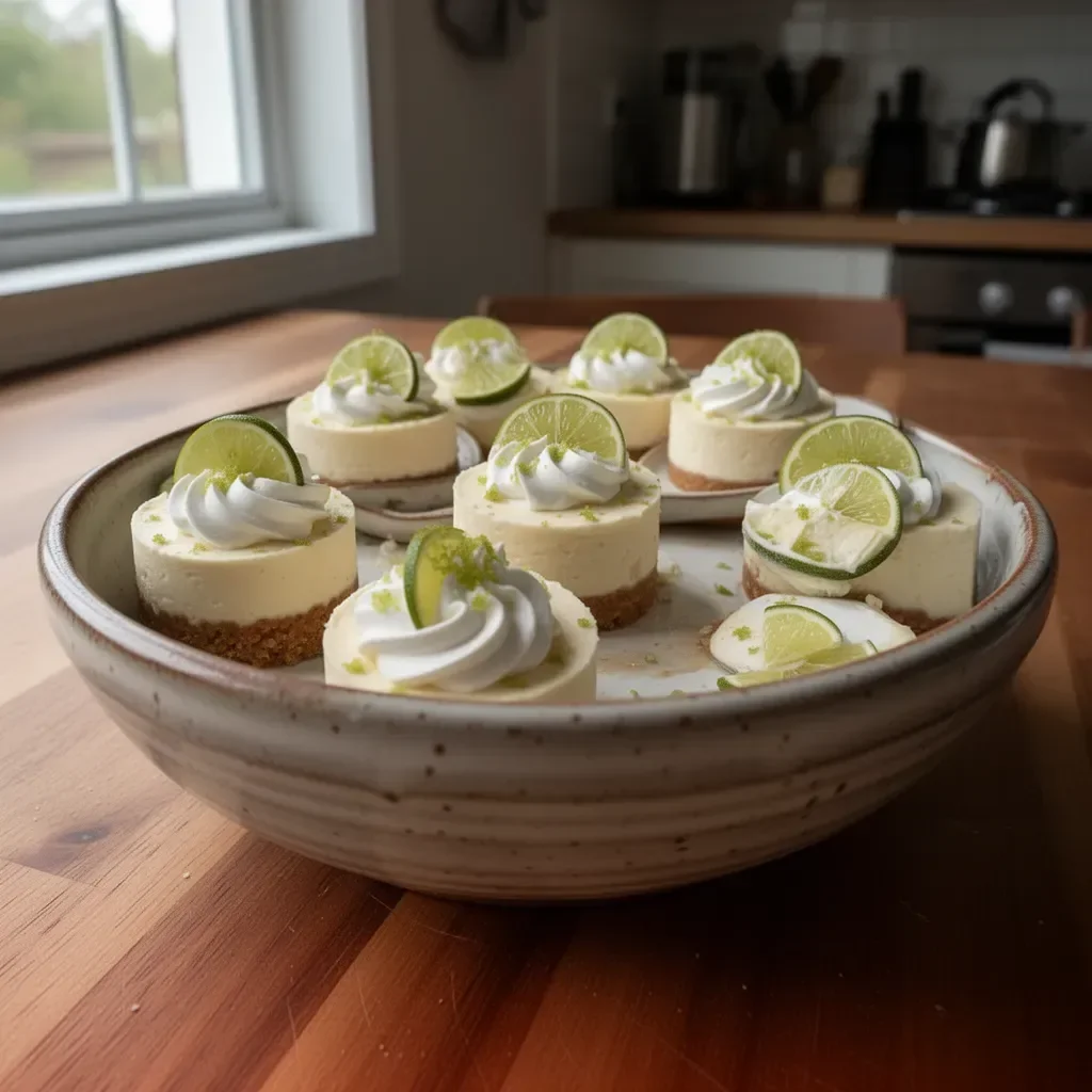 No-bake mini key lime cheesecakes topped with fresh lime slices and whipped cream