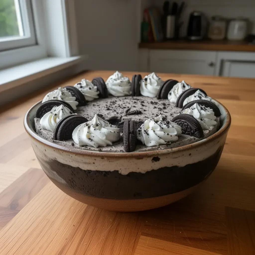 No-Bake Oreo Cheesecake topped with crushed Oreos and whipped cream