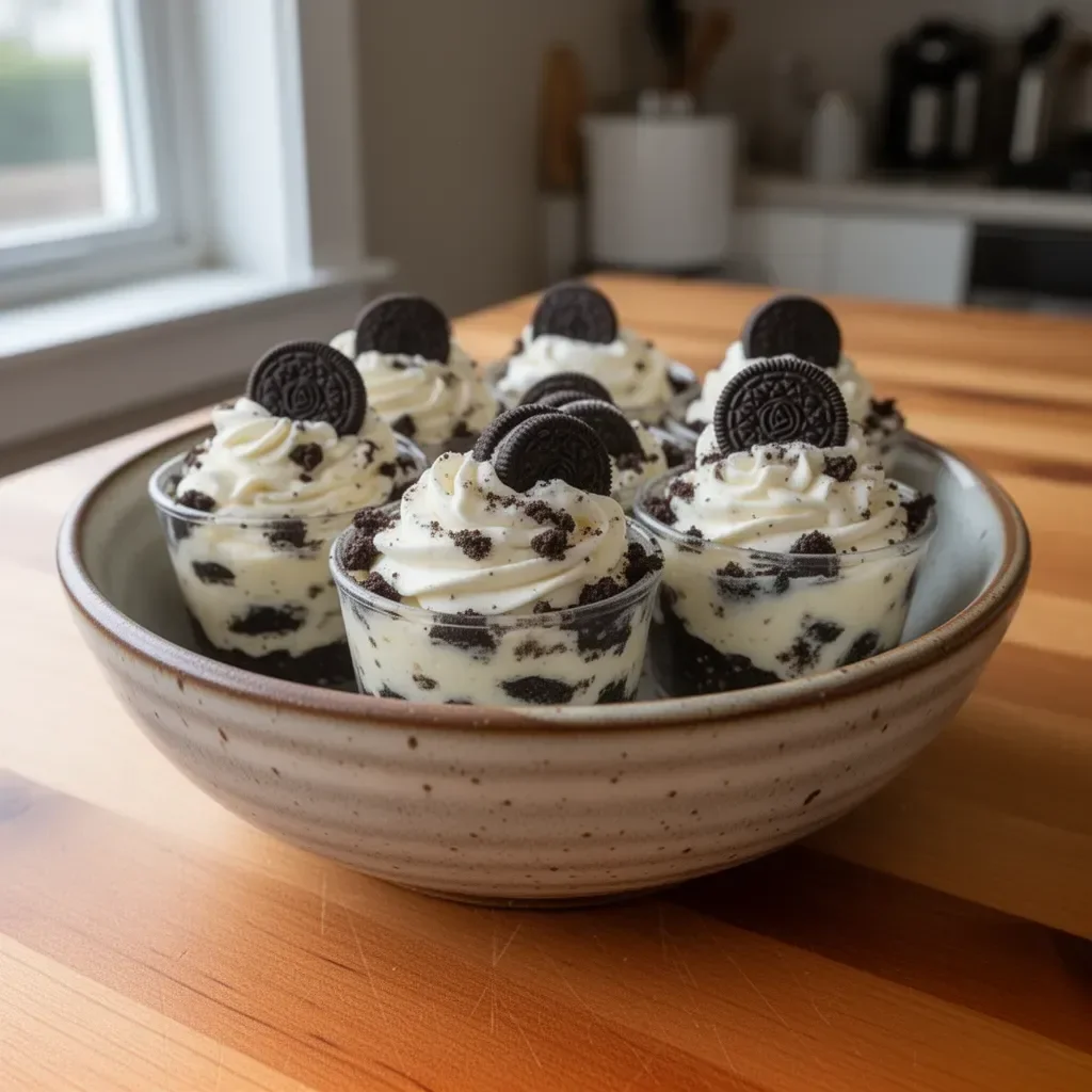 Delicious No-Bake Oreo Cheesecake Cups topped with Oreo crumbs