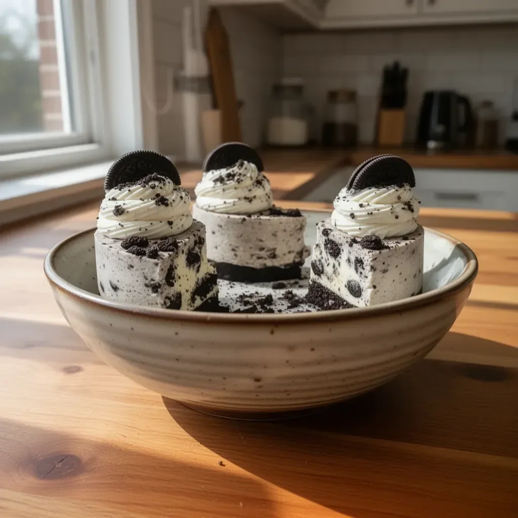 Delicious no-bake Oreo cheesecakes ready to serve, showcasing rich chocolate and creamy filling.