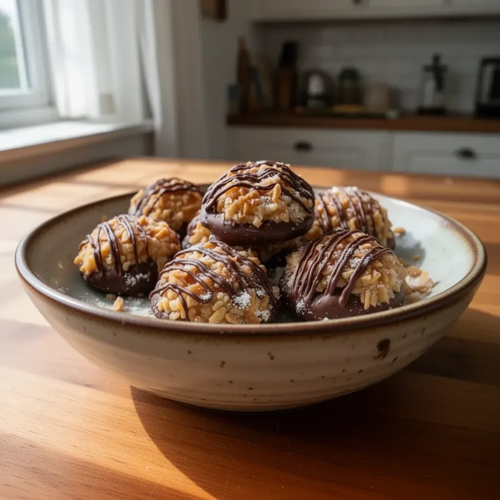 No bake Samoa cookies with chocolate and coconut on a plate