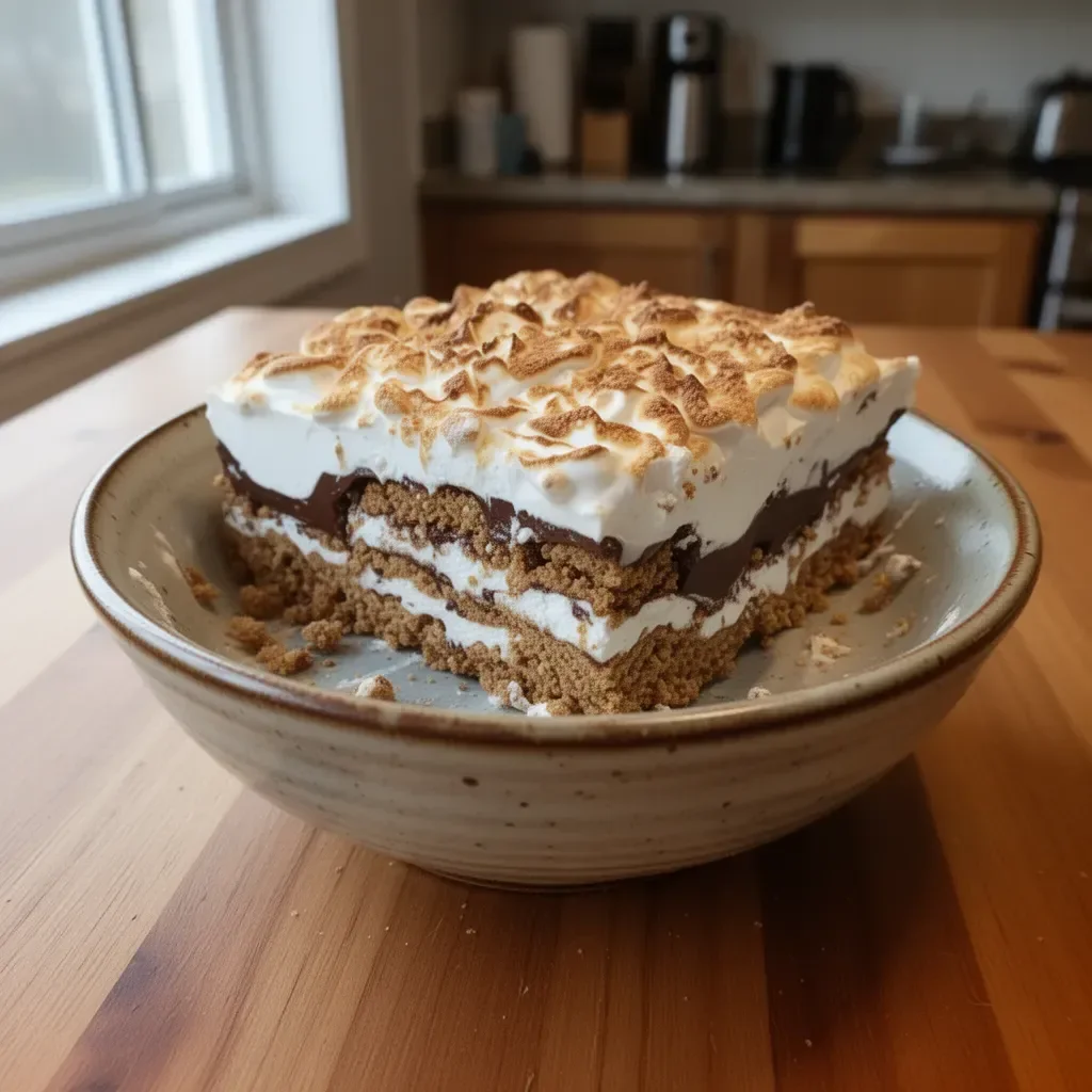 Delicious No Bake S'mores Cake with graham crackers, chocolate, and marshmallows