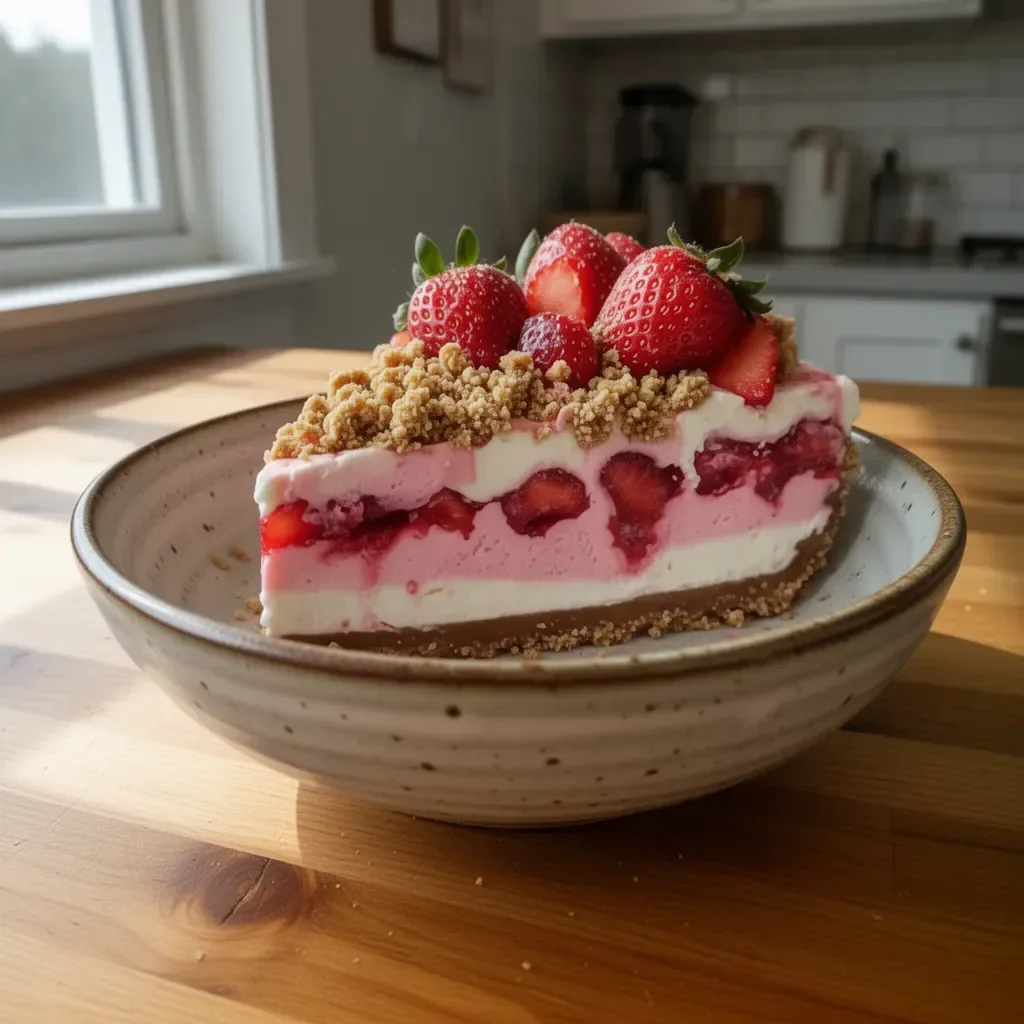 No-bake strawberry crunch cheesecake with strawberry topping and crushed cookies