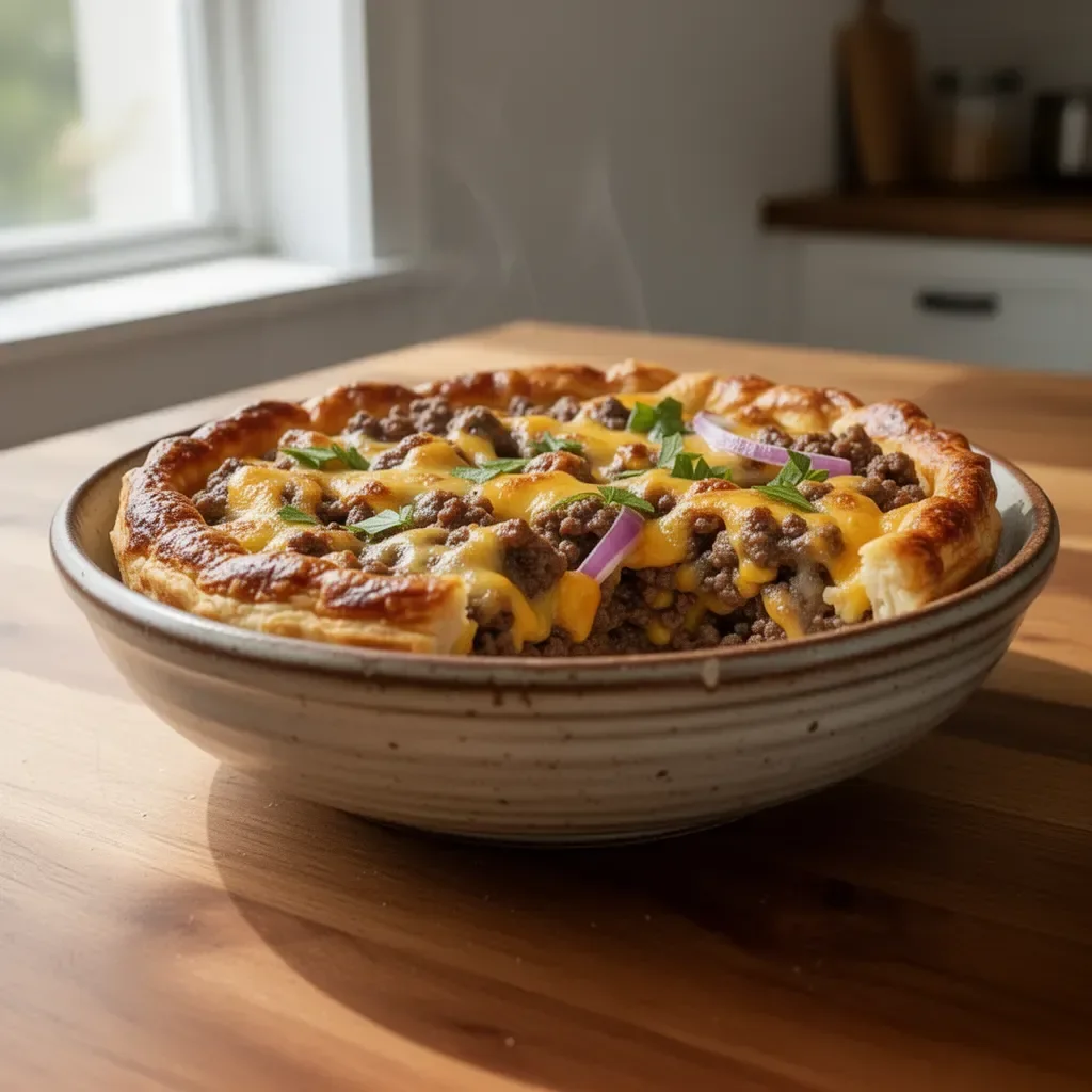 Delicious one-pan cheeseburger pie served in a skillet.
