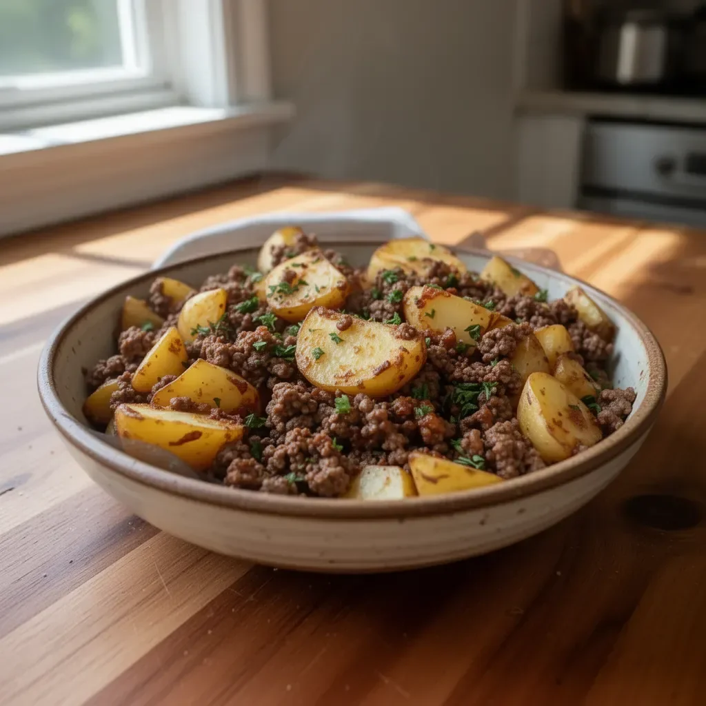 One-Pan Ground Beef and Potatoes meal ready to serve