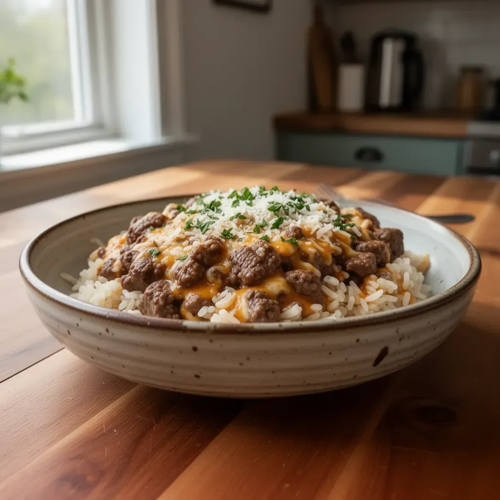 One-skillet beef and rice dish garnished with herbs and vegetables.